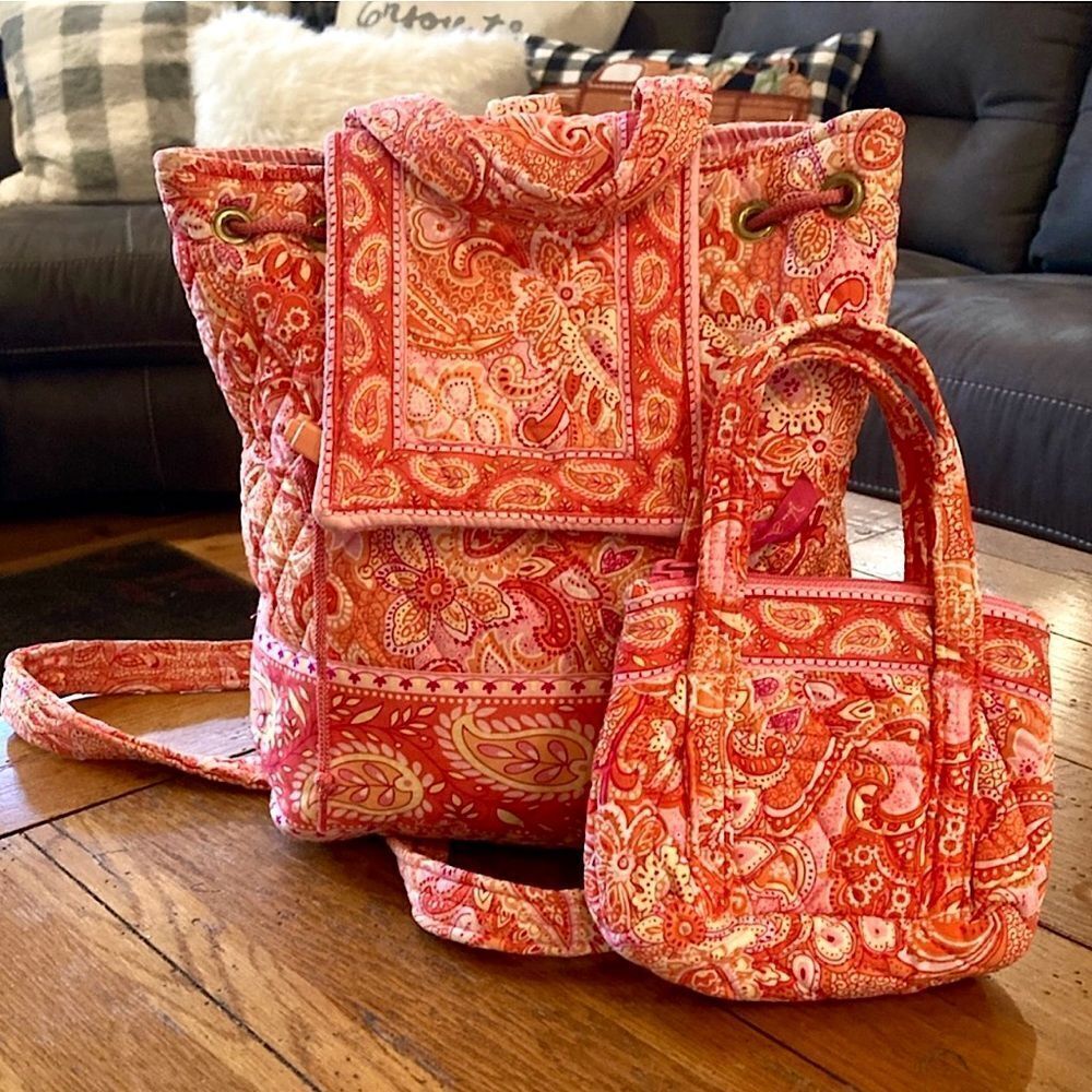 Vera Bradley Vintage Retired Quilted Backpack matching Mini Bag EUC